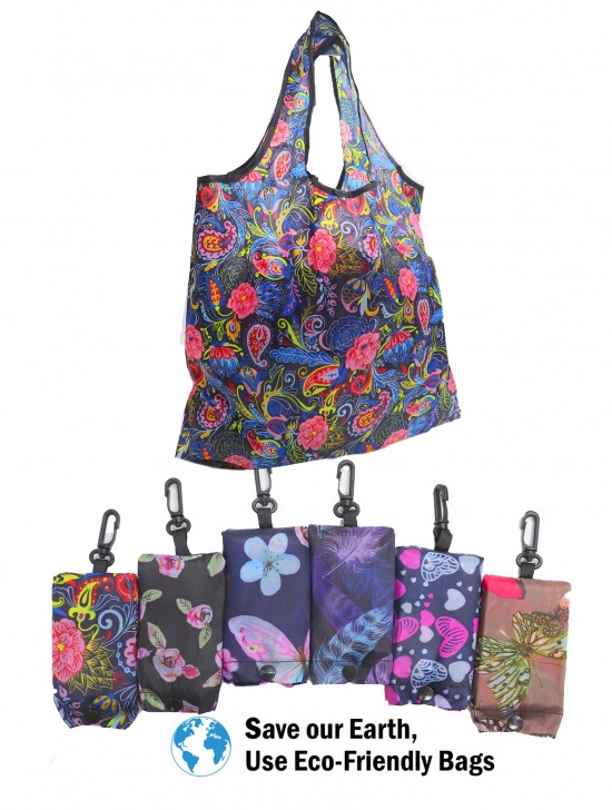 Flowers & Butterflies Print Hook-on Reusable Foldable Shopping Bags (12pcs) 